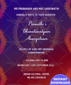 Simple Design Red & Blue Theme Arangetram Invitation Card