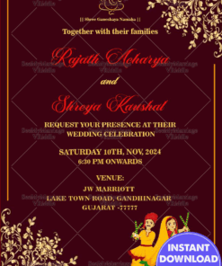 Simple Floral Background Design Maroon Theme Gujarati Wedding Invitation Card