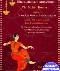 Simple Meroon Theme Arangetram Invitation Card With Dancing Illustration