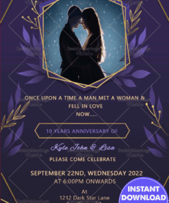 Simple Purple & Gold Floral Leaves Theme  Anniversary Invitation Card