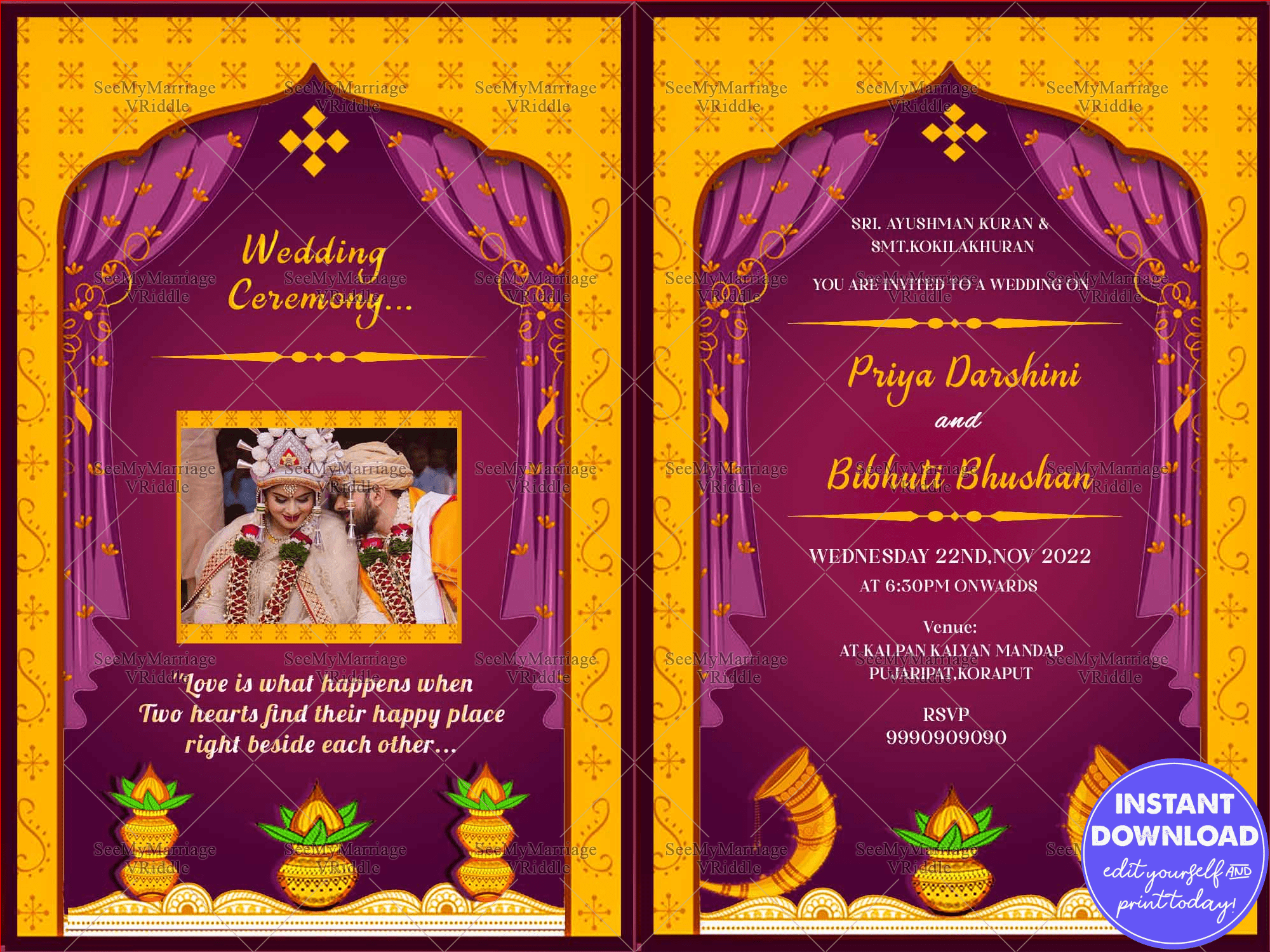 Traditional Yellow & Purple Theme Odiya Wedding Invitation Card