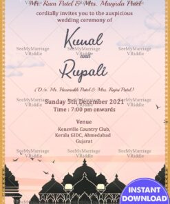 Temple And Sunset Gujrati Wedding Invitation With Golden Frame