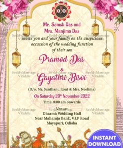 Vintage Royal Theme Oriya Wedding Invitation Card With Baraat And Doli Animation In Pink Floral Background