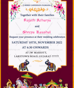 Elephant & Baraat Maroon Theme Gujarati Wedding Invitation Card