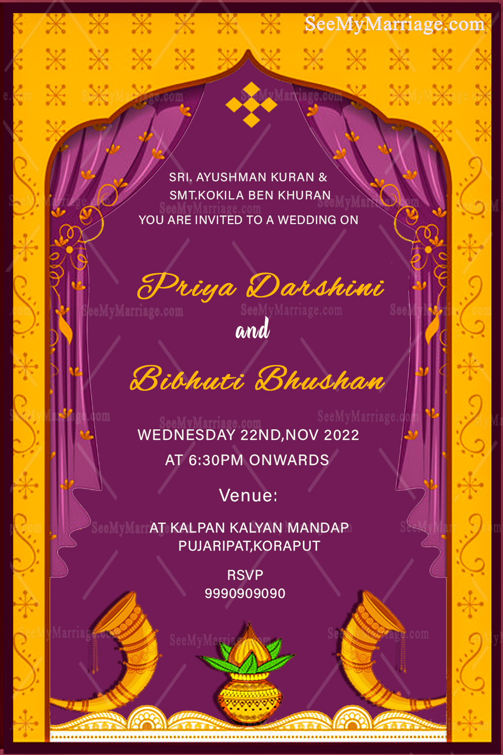 Traditional Yellow & Purple Theme Odiya Wedding Invitation Card - Image 3