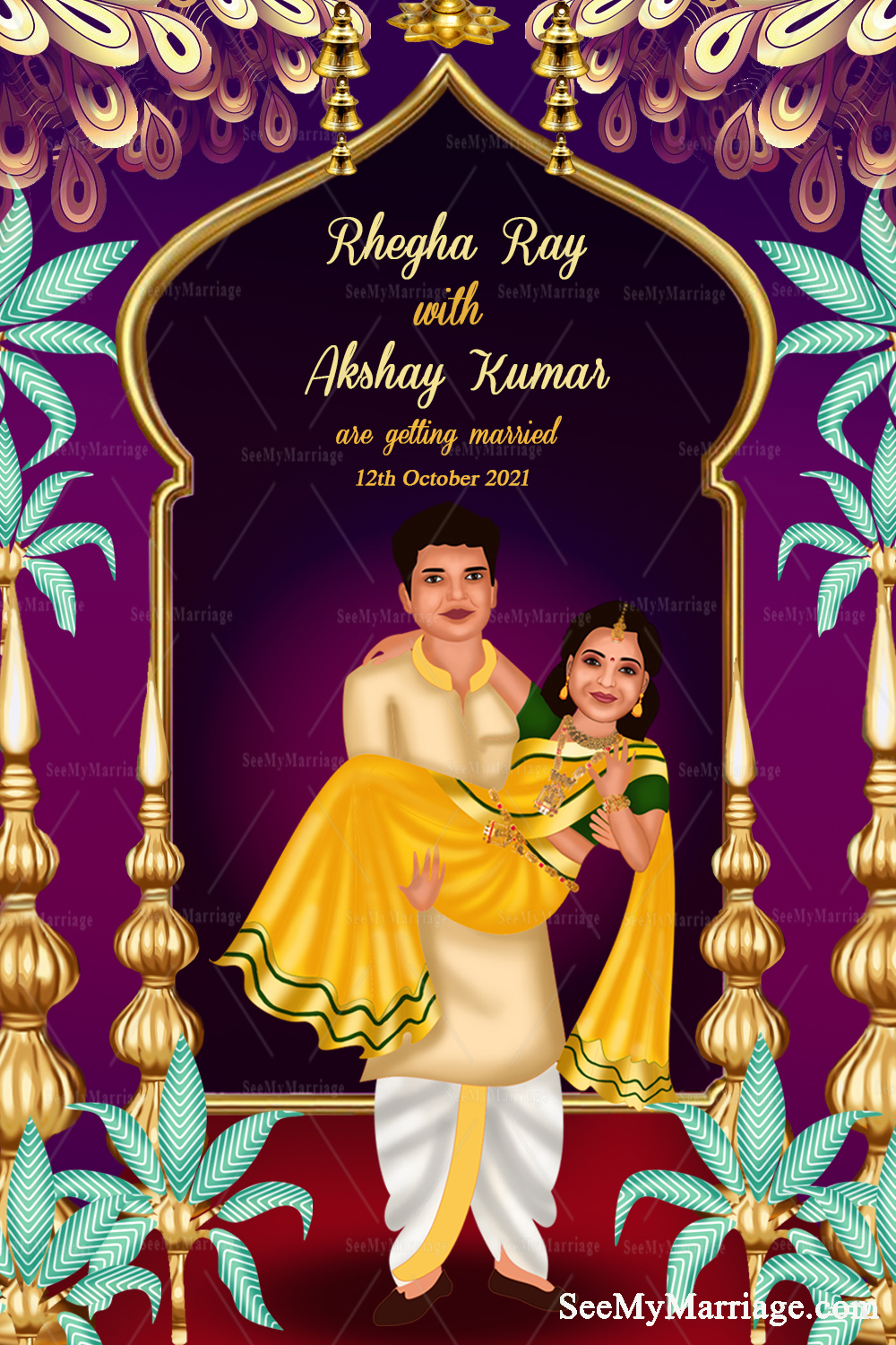 Caricature Couple Theme Wedding Invitation Card Decorated With Mahal Frame - Image 3