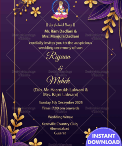 Golden Floral With Violet Background Theme Sindhi Wedding Invitation Card
