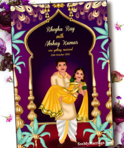 Caricature Couple Theme Wedding Invitation Card Decorated With Mahal Frame