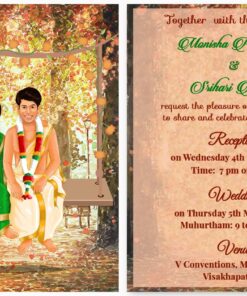 Telugu Tamil Couple Swing - South Indian caricature Wedding Invitation Card Arranged