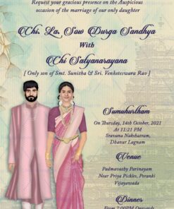 Pink Saree - South Indian caricature Wedding Card Arranged