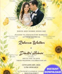 Russian Wedding Invitation Card Decorated With Sunflowers On A Yellow Background And Couple Photo Frame
