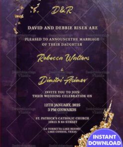 Simple Russian Wedding Invitation Card Decorated With Golden Letters And Glitter On A Purple Background