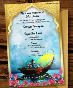 Traditional Radha Krishna Theme Wedding Invitation Card Decorated With Lotus Flower, Golden Mahal Frame, Watercolor Sky, Lake Water And Boat