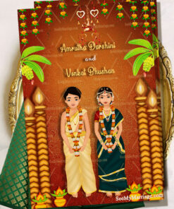 Traditional Brahmin Couple Caricature Theme Wedding Invitation Card Decorated With Hindu Floral Toran, Mango leaves