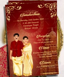 Kerala Style Caricature Wedding  Invitation Card Decorated With Gold Mandala Design, Red Theme And Couple In Traditional Dhoti And Bride In Kerala Kasavu Saree