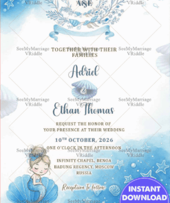 A Fun Filled Mermaid Theme Russian Wedding Invitation Card With Sea Shell, Starfish And Cute Mermaid