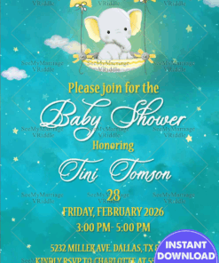 Baby Shower Invitation Card With Cute Watercolor Baby Elephant Sitting On The Star Parachute And Smiling little Star In A Beautiful Sky And Clouds
