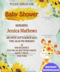 Cute Baby Giraffe And Sunflower Themed Baby Shower Invitation Card With Watercolor Background
