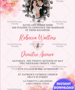 Pretty Pink Russian Wedding invitation Card Decorated With Watercolor Flowers, Couple Photo Frame, Pink Background Theme