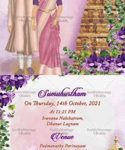 South Indian Wedding Invitation Card Decorated With Temple, Purple Flower And Caricature Couple In Kurta And Bride In Pink Saree