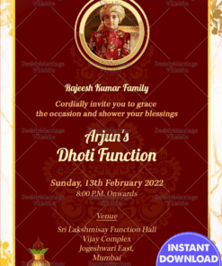 Traditional Dhoti Ceremony Invitation Card In Maroon Theme And Decorated With Golden Border, Photo Frame, Golden Leaves