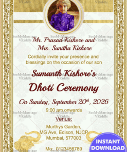 Traditional Dhoti Ceremony Invitation Card In Off White Theme And Decorated With Golden Border, Photo Frame, Golden Elephant