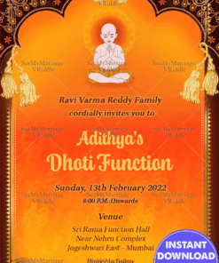 Traditional Dhoti Ceremony Invitation Card In Orange Theme And Decorated With Maroon Mahal Frame, Golden Border, Brahman