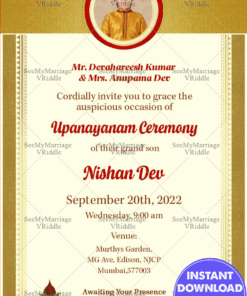 Traditional Upanayanam Ceremony Invitation Card In Off White Theme And Decorated With Golden Kasvu Border, Photo Frame,