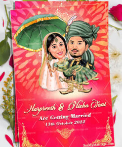 Punjabi Style Caricature Wedding Invitation Card Decorated With Mandala Design, Pink Background, Holding Umbrella And Couple In Traditional Kurta, Turban And Bride In Lehenga