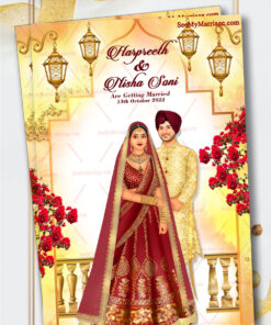 Punjabi Caricature Wedding Invitation Card Decorated With Mahal Frame, Buganvilla Flower, Hanging Lights And Punjabi Couple In Kurta And Bride In Red Lehenga