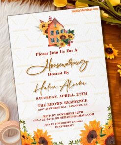 Housewarming Invitation Card Decorated With Watercolor Sunflower And House In Yellow Color