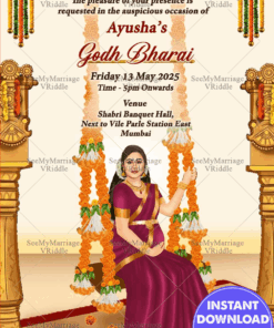 Traditional Caricature Theme Godh Bharai Invitation Card With Women Illustration Sitting On Swing Decorated With Flowers