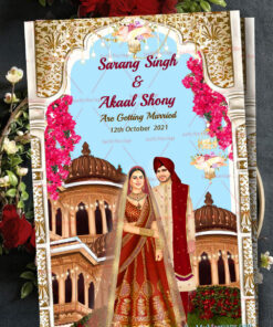 Punjabi Style Caricature Wedding Invitation Card With Mahal Frame Design, Blue Background, Palace Image, Bougainvillea And Couple In Traditional Kurta, Turban And Bride In Lehenga