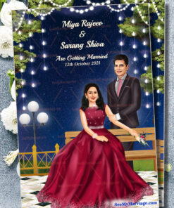 Lovely Couple Caricature Wedding Invitation Card With, Dark Blue Night Background, Hanging String Lights, Tree And Couple In suit And Bride In Gown