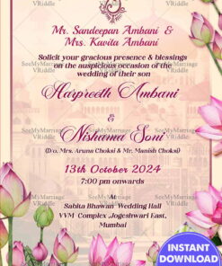 Beautiful Lotus Flower Wedding Card With A Palace Background in Cream Color Theme