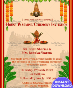 Red And Yellow Simple Border House Warming Invitation Card With The Holi Kalash