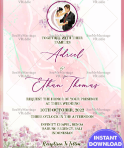 Russian Wedding Invitation Card Decorated With Purple Flower, Bride And Groom Photo Frame