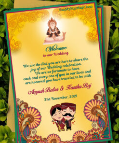 Traditional Sindhi Cartoon Couple Theme Wedding Invitation Card Decorated With Yellow Background And Floral Motifs