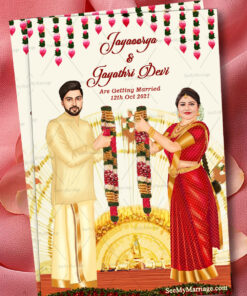 Hindu Style Caricature Wedding Invitation With The Mandap Background, Flower Garland, Groom In A Traditional Dhoti And Bride In A Red Saree