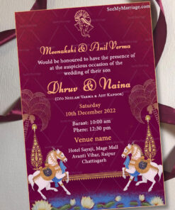 Traditional Horse Theme Wedding Invitation Card With Purple Background