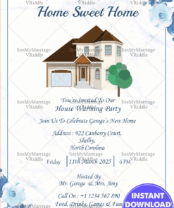 A Sweet Invitation For House Warming Party Of Your Home With Blue Line Frame And Blue Button Roses