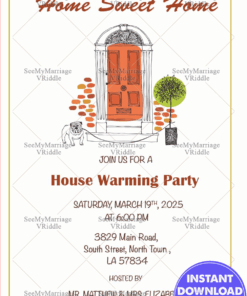A Warm Welcoming Invitation For House Warming Party Depicting A Puppy Waiting Next To A Simple Doorway