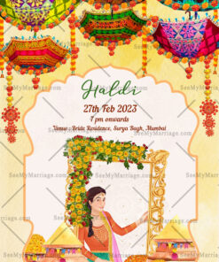 Colorful Umbrella Theme Wedding Haldi Ceremony Invitation Card