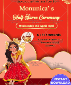 Girl Thinking cartoon theme half saree Invitation card