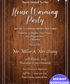 House Warming Party Invitation On Brown Weathered Wooden Boards Decorated With Yellow String Lights
