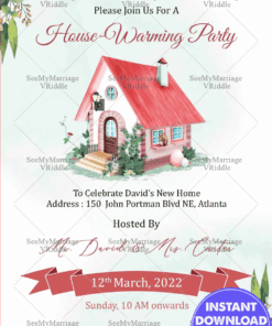 Invitation For House Warming Having Cream Theme Cottage With Pink Roof And Flower Bouquets