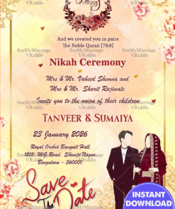 Islamic Save The Date Invitation With Couple Vector Illustration In Light yellowish Background