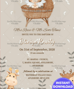Little Boy Baptism Invitation Card With Cute Jungle Animals Theme