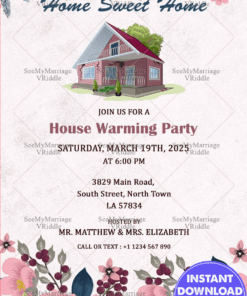 Opened A New Home Invitation For House Warming Party In Floral Theme With A Red Bricked House