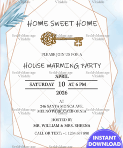 Powder Blue Coloured Watercolor Theme Invitation For House Warming Party With Big Golden Victorian Key